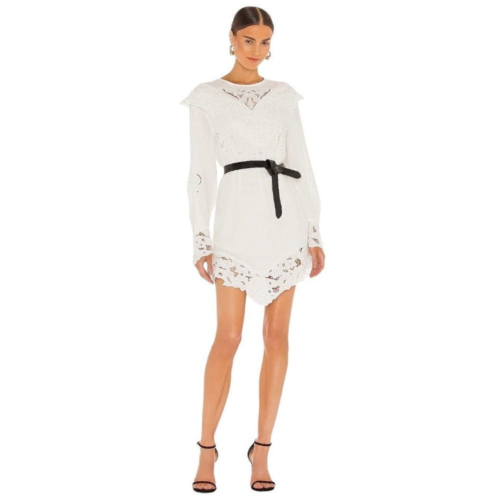 RAISSA Embroidered Linen Dress in Off White Small New Embroidered Mini